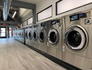 The line of washing machines at Mammoth Lakes Laundromat